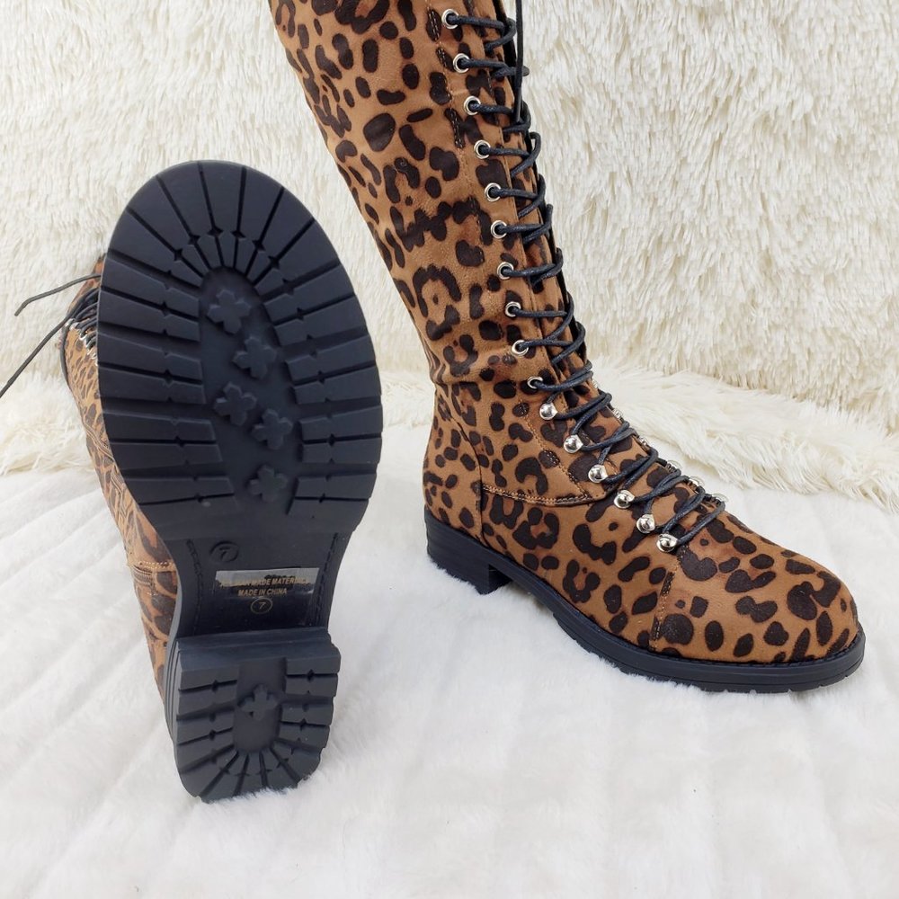 Leopard Corset Lace Over the Knee Riding Biker Boots - Picture 9 of 10